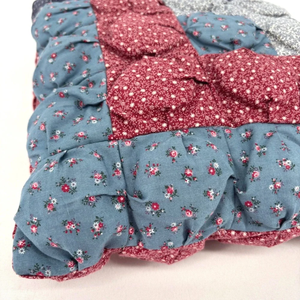 Handmade Puff Quilt Throw Pillow Floral Calico Patchwork Biscuit Style Square